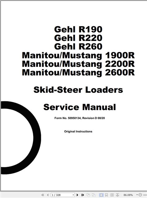 Mustang 1900R 2200R 2600R Skid Steer Loader Service Manual 